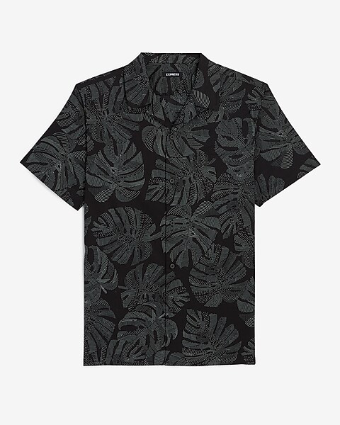 Slim Leaf Print Stretch Cotton Short Sleeve Shirt | Express