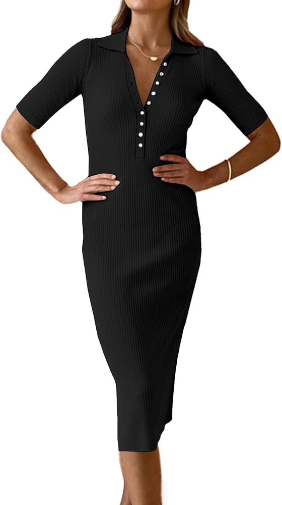 Rooscier Women's Collar V Neck Short Sleeve Button Up Ribbed Knit Bodycon Midi Dress | Amazon (US)