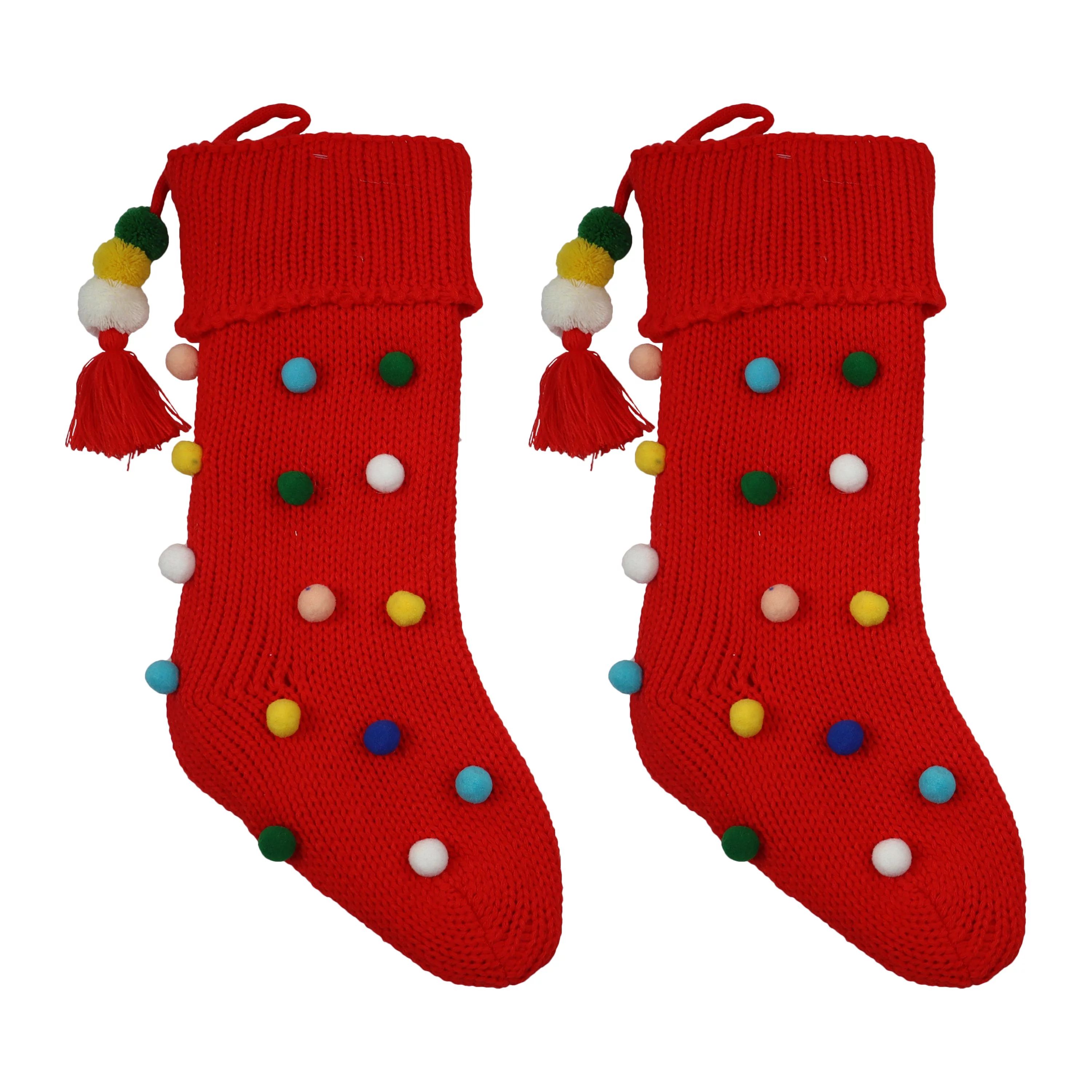 Holiday Time 2pack 20inch Christmas Red Knit Stocking, With Colorful Pom Poms - Walmart.com | Walmart (US)