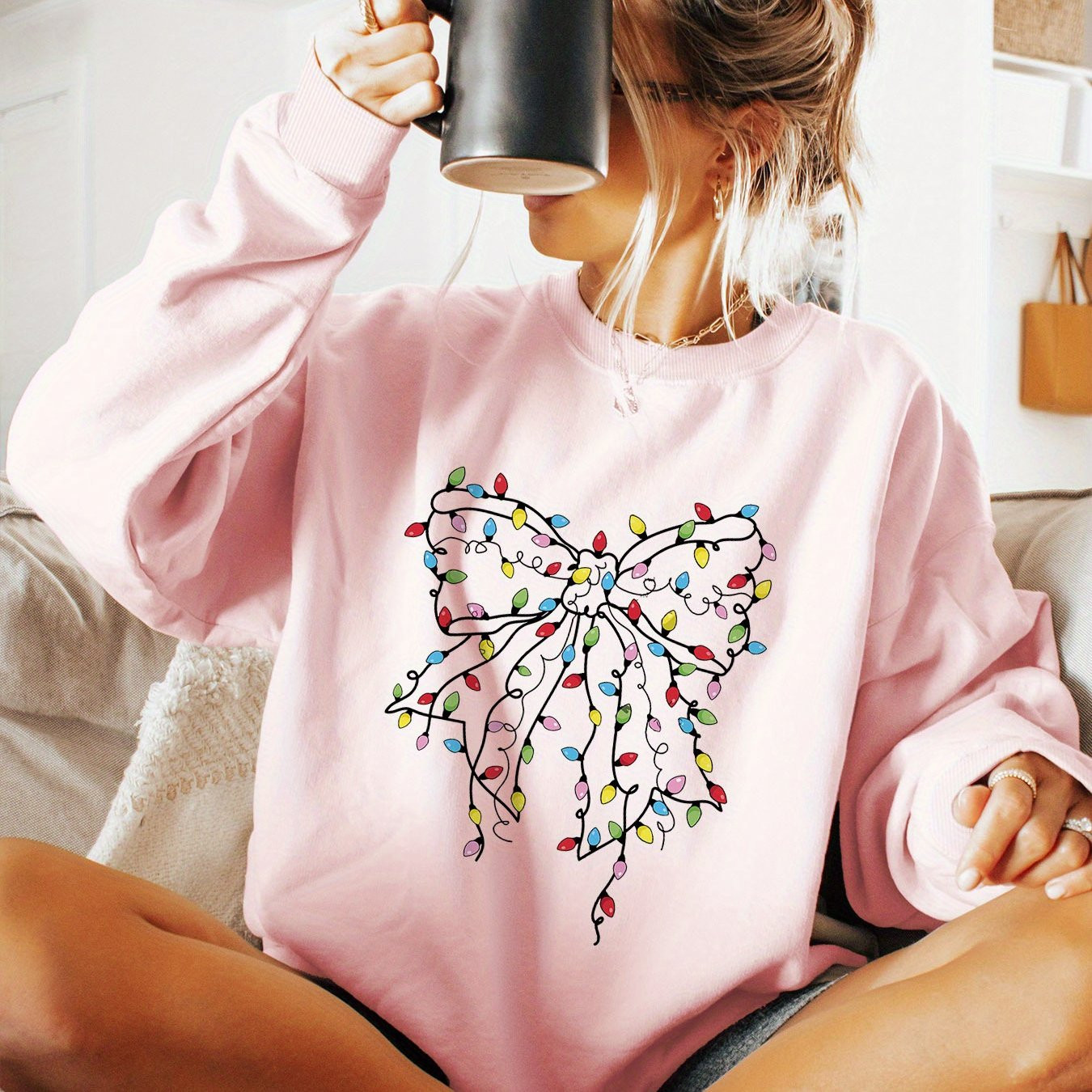 women's casual crew neck sweatshirt christmas light graphic - Temu | Temu Affiliate Program