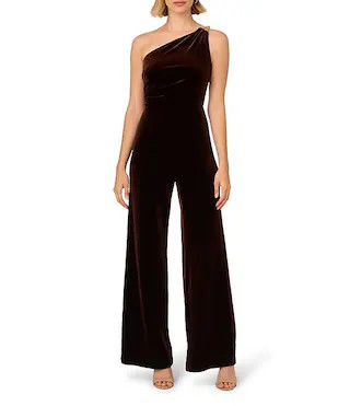 Velvet One Shoulder Neck Sleeveless Pleated Side Straight Leg Jumpsuit | Dillard's