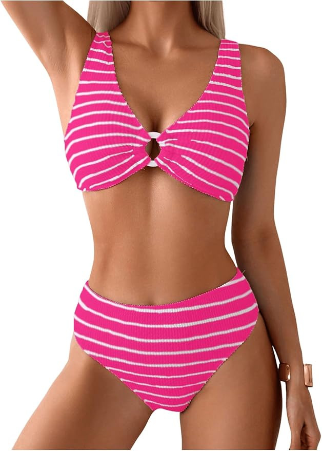 SOLY HUX Women's Striped Bathing Suit V Neck High Waisted Bikini Sets Two Piece Swimsuit | Amazon (US)
