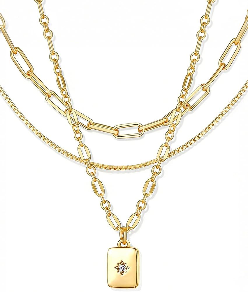 YEEZII Layered Gold Necklaces for Women Trendy, 3 Pcs 14K Gold Plated Choker Paperclip Box Chain ... | Amazon (US)
