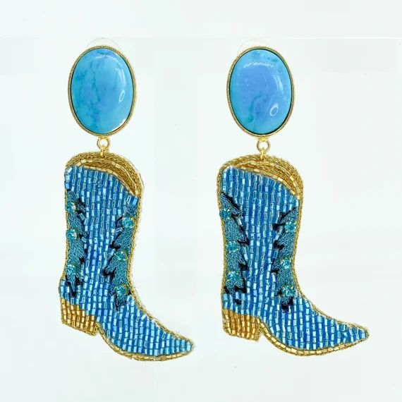 Blue Turquoise & 14K Gold Plated Cowboy Boot Earrings Western | Etsy | Etsy (US)