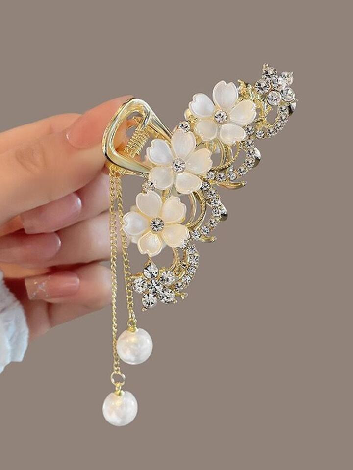 1pc Women's Delicate Rhinestone Flower & Tassel Hair Claw Clip, Retro & Elegant Half Up Style, Sw... | SHEIN