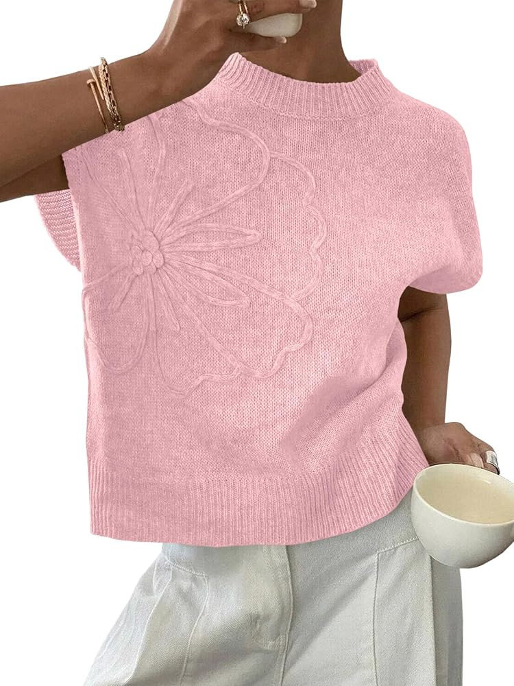 Saodimallsu Womens Short Sleeve Floral Summer Sweater Lightweight Knit Tops | Amazon (US)
