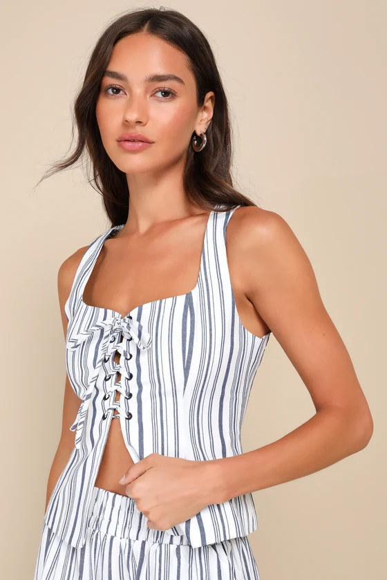 Infinite Sunshine Ivory and Blue Striped Lace-Up Sleeveless Top | Lulus