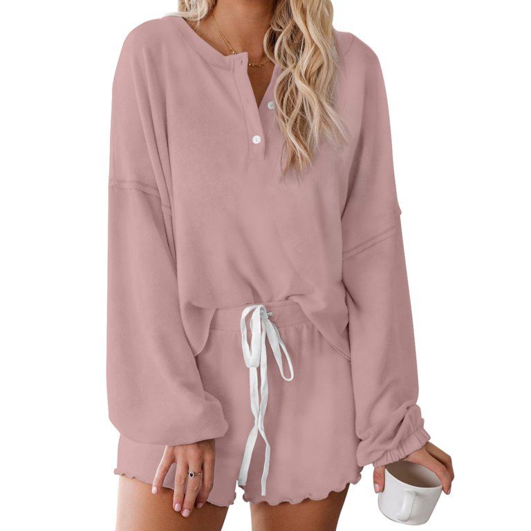 Blencot Women's Solid Pajamas Set Long Sleeve Tops with Shorts Lounge Set Nightwear | Walmart (US)
