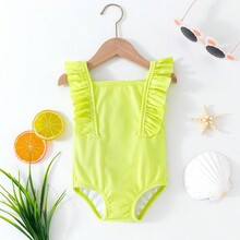 Baby Girl Fashionable Solid Color Ruffle Trim Neon OnePiece Swimsuit Bathing Suit For Summer Beach | SHEIN