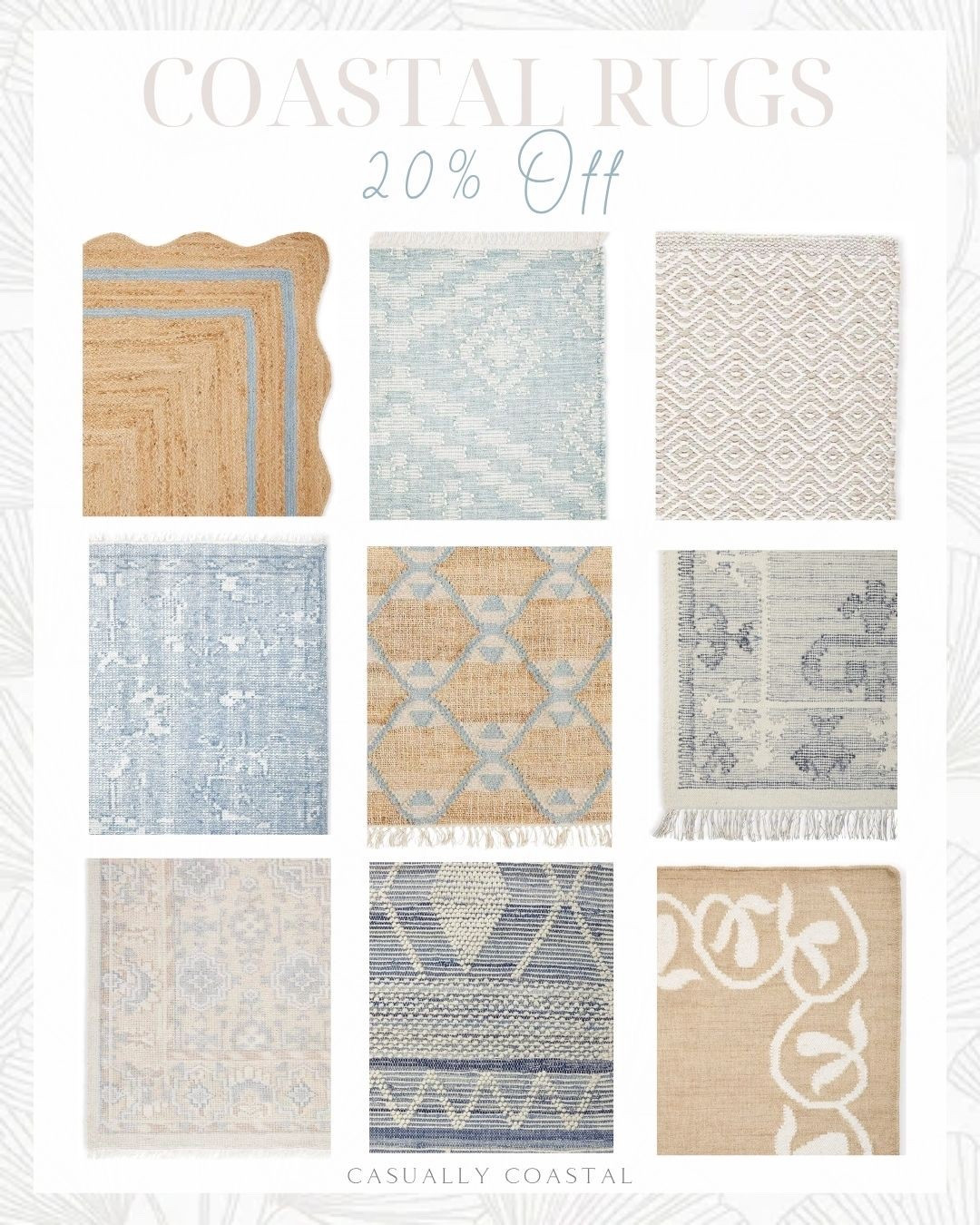 If you're on the hunt for a well-made, beautiful rug these are all 20% off right now! I have three of these in my own home (the Ryder rug in my living room, the Blakely rug in my guest room and the Alamere runner in my downstairs hallway) and they have held up beautifully over the years with almost no shedding!
------ 
Serena & Lily rug, coastal rugs, rugs on sale, neutral rugs, blue and white rugs, rope doormat, striped rugs, blue and white stripe rugs, 8x10 rugs, scallop jute rug, 2x3 rug, 3x5 rug, 5x7 rug, 6x9 rug, 9x12 rug, 11x14 rug, 10x14 rugs, 12x18 rug, 10 foot runner, 7 foot runner, 16 foot runner, oversized rugs, alamere rug, Ryder denim rug, Serena & Lily rugs on sale, beach house rugs, lake house rugs, living room rugs, kitchen runners, bedroom rugs, green rugs, blue & gray rugs, custom size rugs, dining room rugs, entryway rugs, woven rugs, designer rugs, home office rugs, custom rugs, blue rug

#LTKSaleAlert #LTKHome