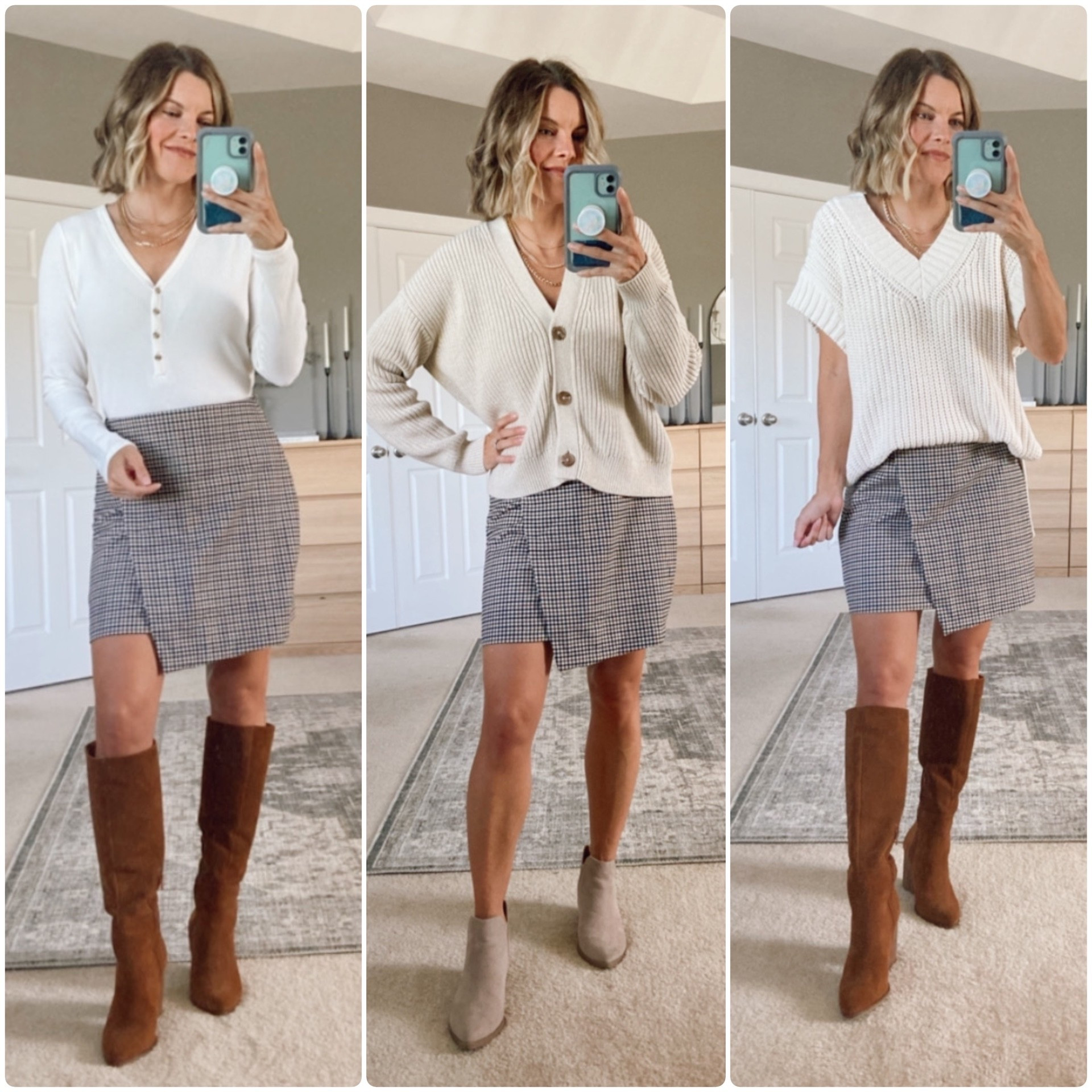Asymmetrical plaid houndstooth skirt for fall / fall transition 