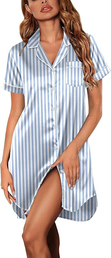 Ekouaer Women's Satin Nightshirt Button Down Sleepshirt Silk Short Sleeve Nightgown Boyfriend Not... | Amazon (US)