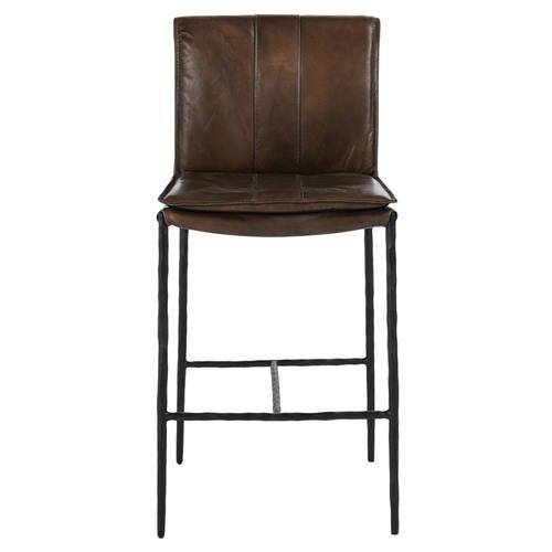 Marissa Industrial Dark Brown Upholstered Leather Black Iron Frame Counter Stool | Kathy Kuo Home