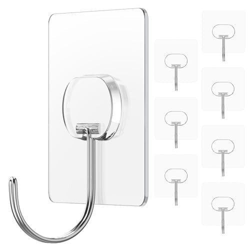 Large Adhesive Hooks for Hanging Heavy Duty Wall Hooks Self Adhesive Towel Coat Hooks Waterproof Transparent Hook for Bathroom Shower Kitchen Keys Door Outdoor Home Improvement Utility Hook 8 Pack | Amazon (US)