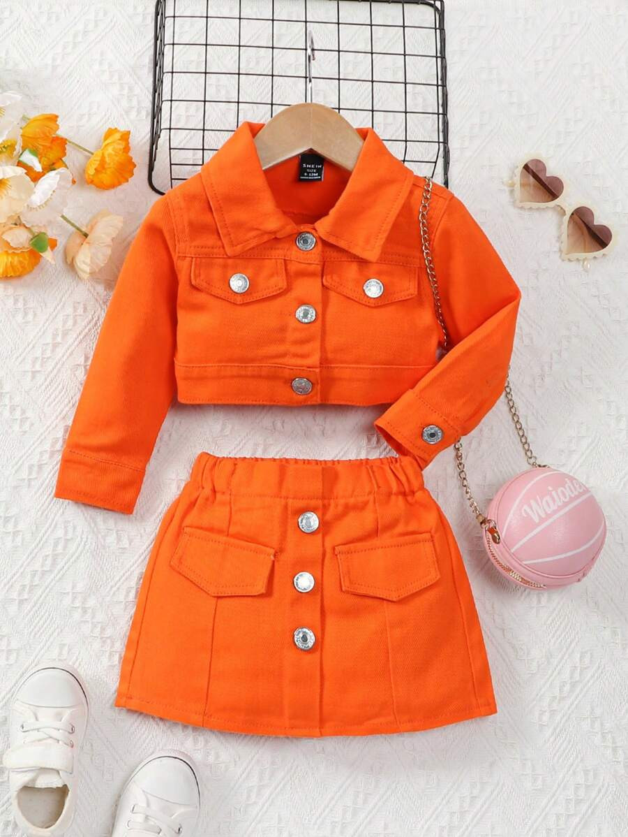 Baby Girl Sweet And Lovely Casual Comfortable Denim Jacket And Skirt Two-Piece Set For Spring And... | SHEIN
