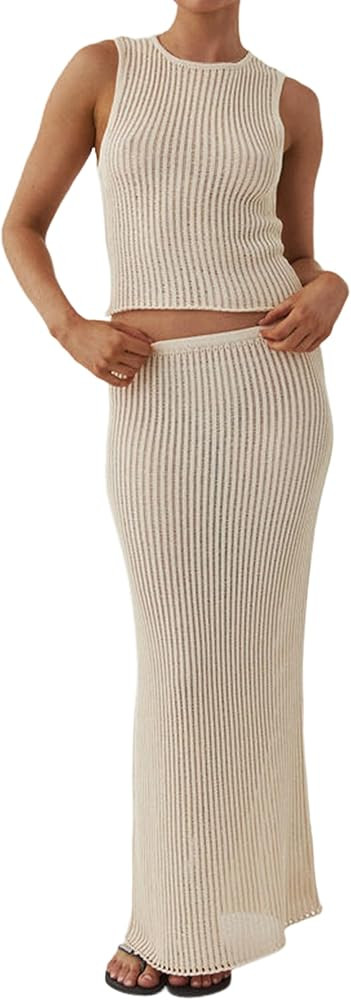 MISSACTIVER Women Beach Cover Up Crochet Two Piece Set See Through Crop Tank Top Knit High Waist ... | Amazon (US)