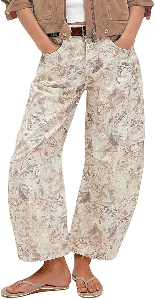 CHARTOU Womens Wide Leg Cropped Jeans Pants Baggy High Rise Denim Pants Y2k Floral Barrel Jeans | Amazon (US)