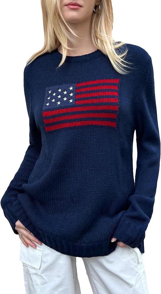 SweatyRocks Women's Flag Pattern Long Sleeve Round Neck Sweater Casual Loose Pullover Sweater | Amazon (US)