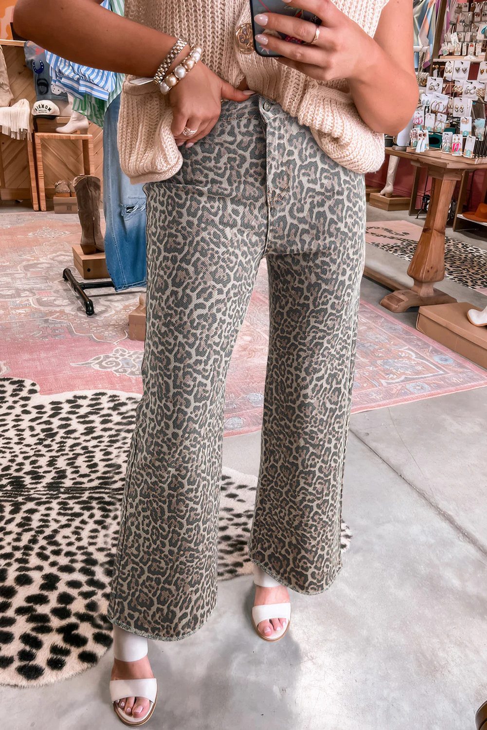 Brown Leopard Frayed Edge Wide Leg High Waist Jeans | Sincerely Sadie Boutique