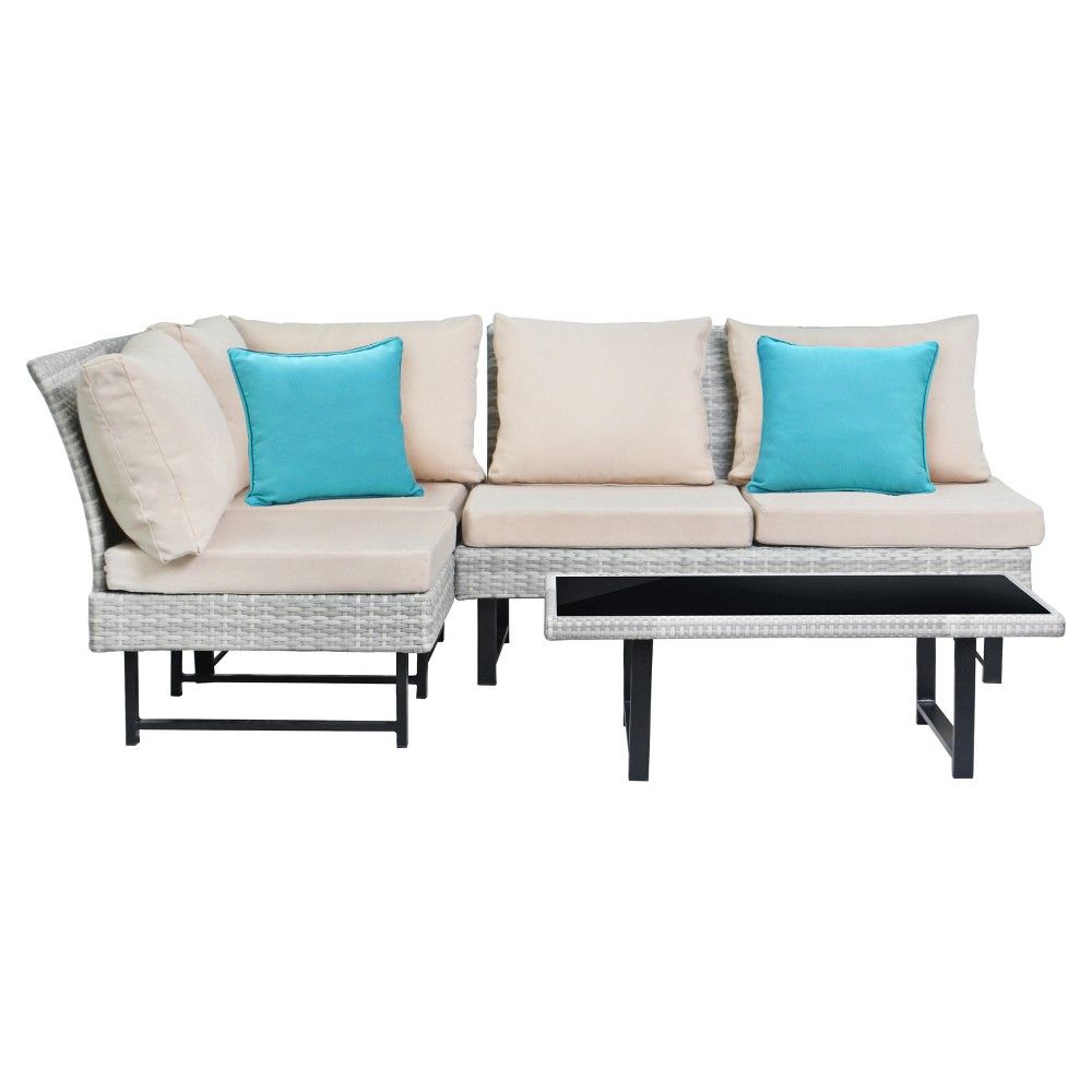Aleron 4pc All-Weather Wicker Patio Sectional Set - Beige/Teal - Safavieh | Target
