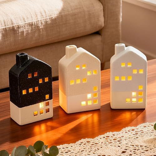 DN DECONATION Light Up Christmas Village Houses Decorations, 3-Pcs Ceramic Christmas Houses, Boho... | Amazon (US)