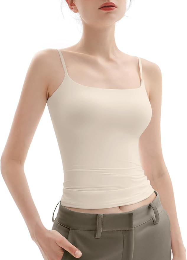 PUMIEY Tank Top for Women Square Neck Spaghetti Straps Camisole Sleeveless Basic Summer Tops, Bei... | Amazon (US)