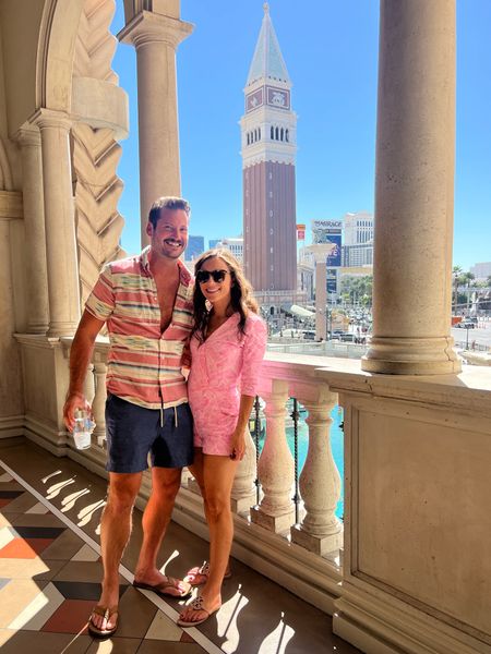 His and Hers Vegas Style - What I wore in Vegas to go shopping and play the slots. I'm wearing the pink Mahi Gold Romper in XS (so comfy) and he's in a Faherty button down with shorts. 

#LTKtravel #LTKstyletip