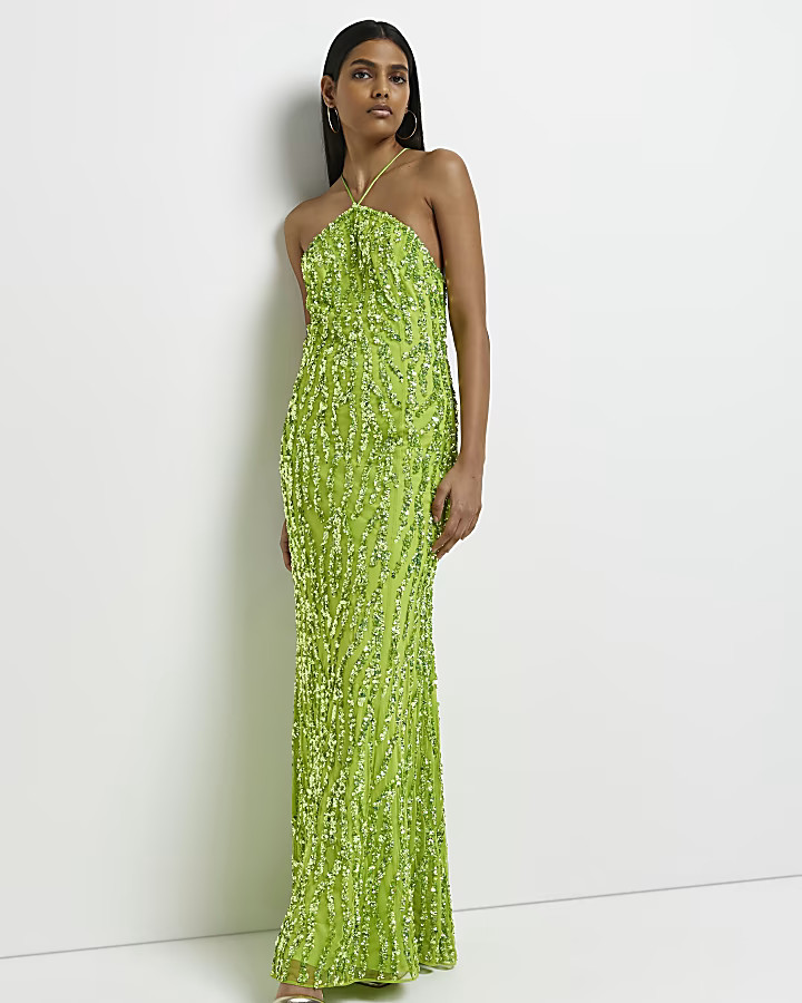 Green sequin halter neck maxi dress | River Island (UK & IE)