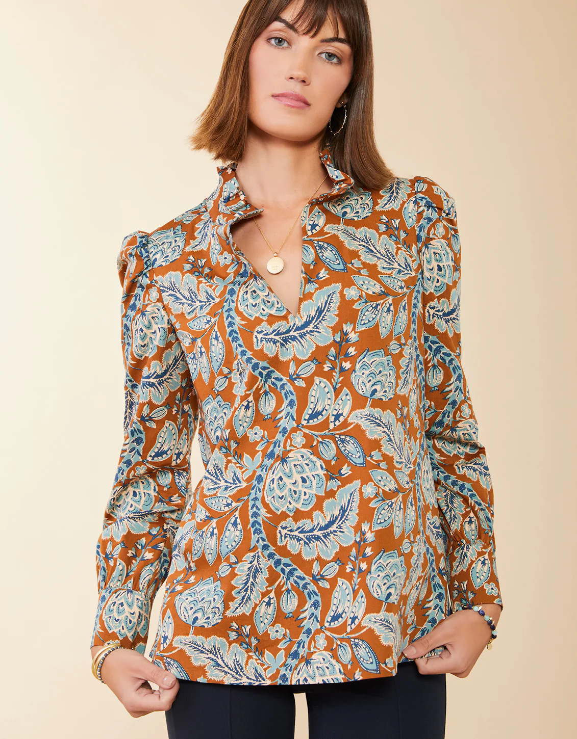 Bethany Blouse Kalalanta Blooming Vines Brown | Spartina 449