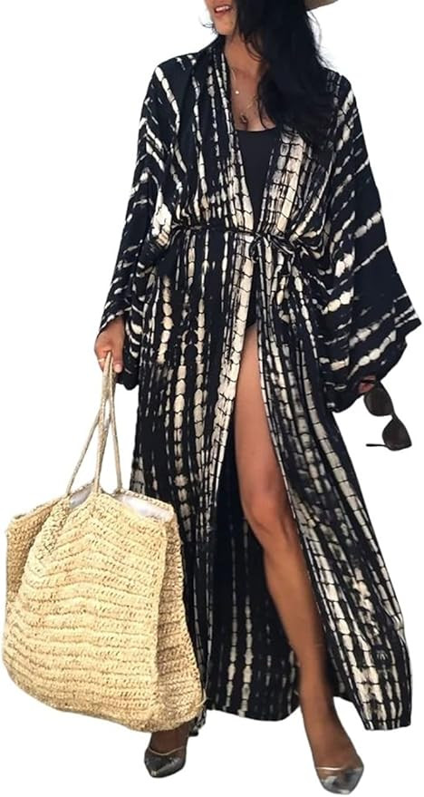 Bsubseach Stylish Tie Dye Open Front Long Kimono Swimsuit Cover Up for Women Swimwear Cover Ups | Amazon (US)