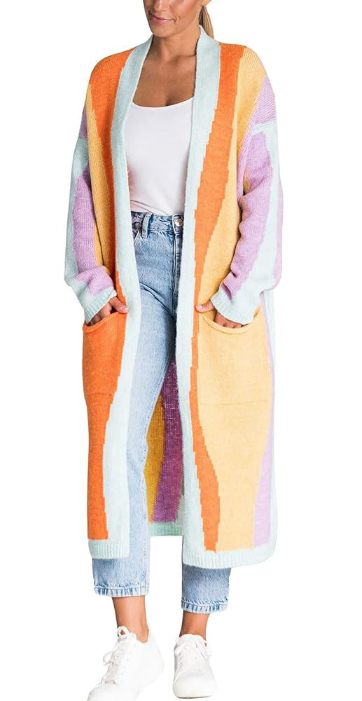 Women's Color Block Vertical Striped Cardigan Sweater Loose Fit Chunky Knit Long Coatigan Coat | Amazon (US)