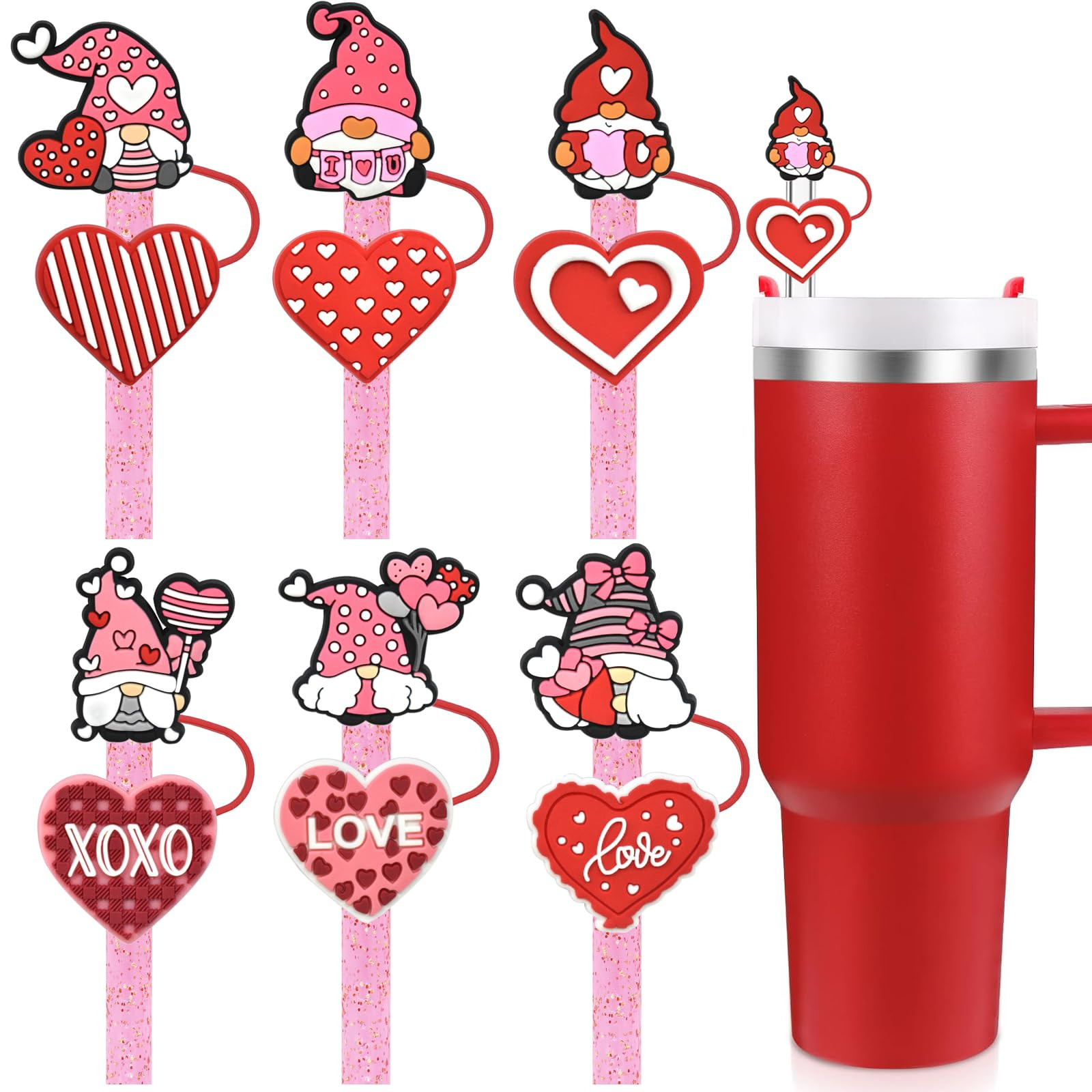 6 PCS Valentine's Day Dwarf Straw Covers Cap for Stanley Cup,Reusable Love Straw Toppers Compatib... | Amazon (US)