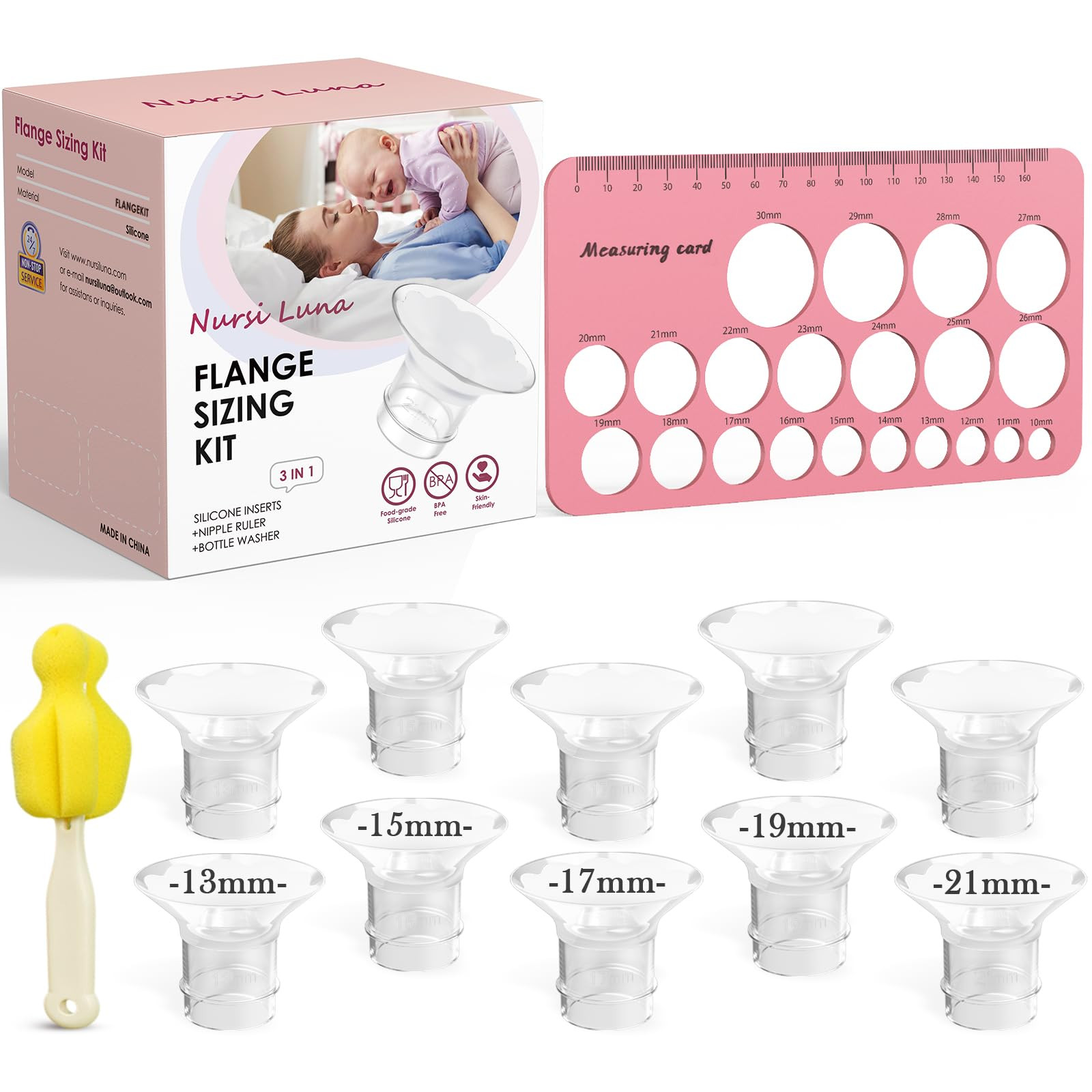 Flange Sizing Kit 3 in 1 with 10PCS Flange Inserts 13/15/17/19/21mm, Nipple Ruler, Cleaning Brush, Silicone Flanges Insert Kit for Electric Breast Pumps, Pumping Breastfeeding Essentials | Amazon (US)