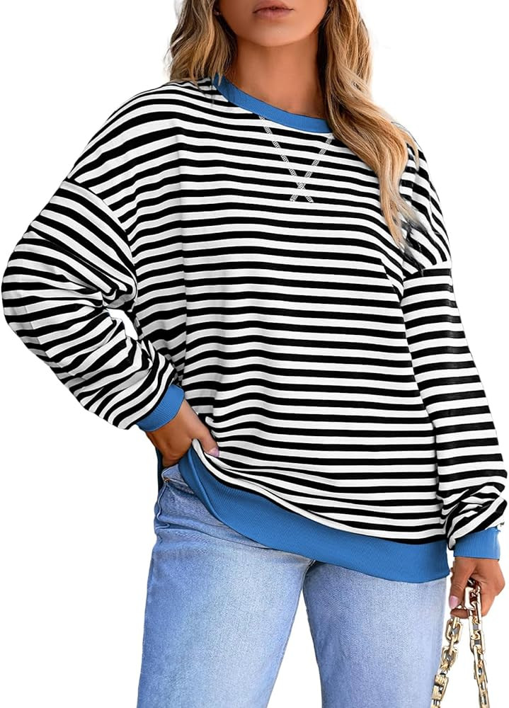 Eytino Women Plus Size Sweatshirt Striped Color Block Crew Neck Pullover Tops Long Sleeve Casual ... | Amazon (US)
