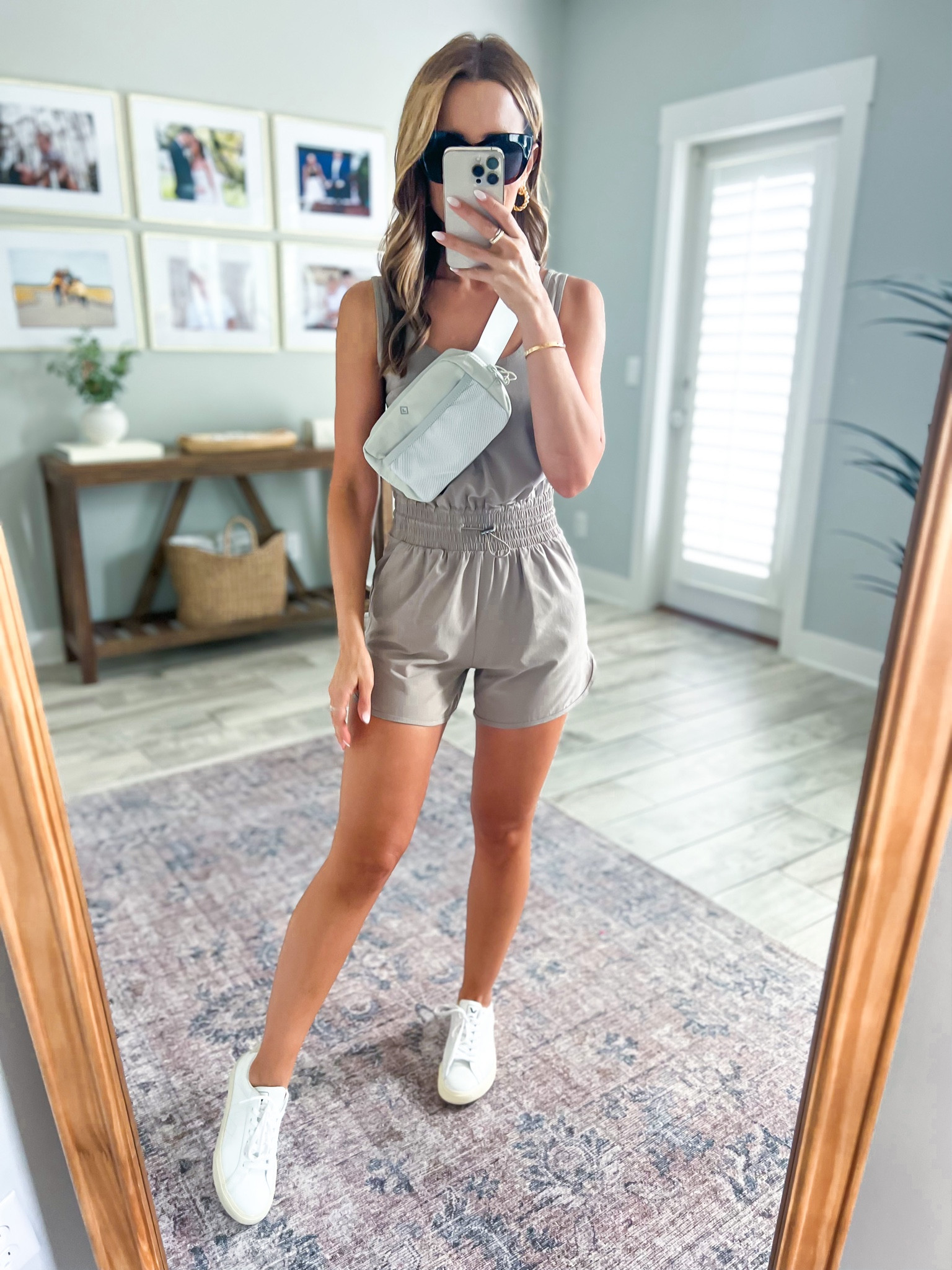 Abercrombie traveler romper (XXS regular). Abercrombie YPB belt bag. Veja Esplar sneakers (size down if you’re a half size). Travel outfit. Airport outfit. Mom outfit. Casual outfit. Casual style. Mom style. 

#LTKunder100 #LTKtravel #LTKshoecrush