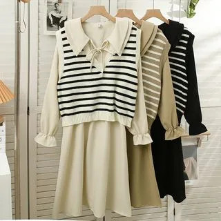 Set: Striped Loose Knit Vest + Collar-Details Midi Dress | YesStyle Global