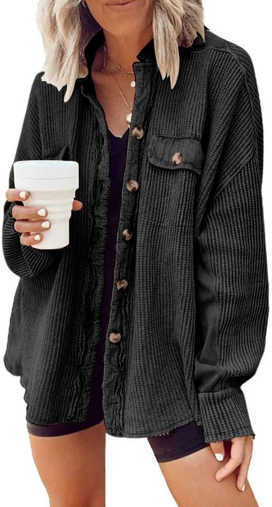 utcoco Women's Casual Waffle Knit Shacket Jacket Loose Fit Long Sleeve Button Down Shirt Shacket ... | Amazon (US)