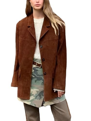 Women’s Brown Suede Leather Blazer Jacket - Oversized Casual Coat Streetwear Style | Amazon (US)
