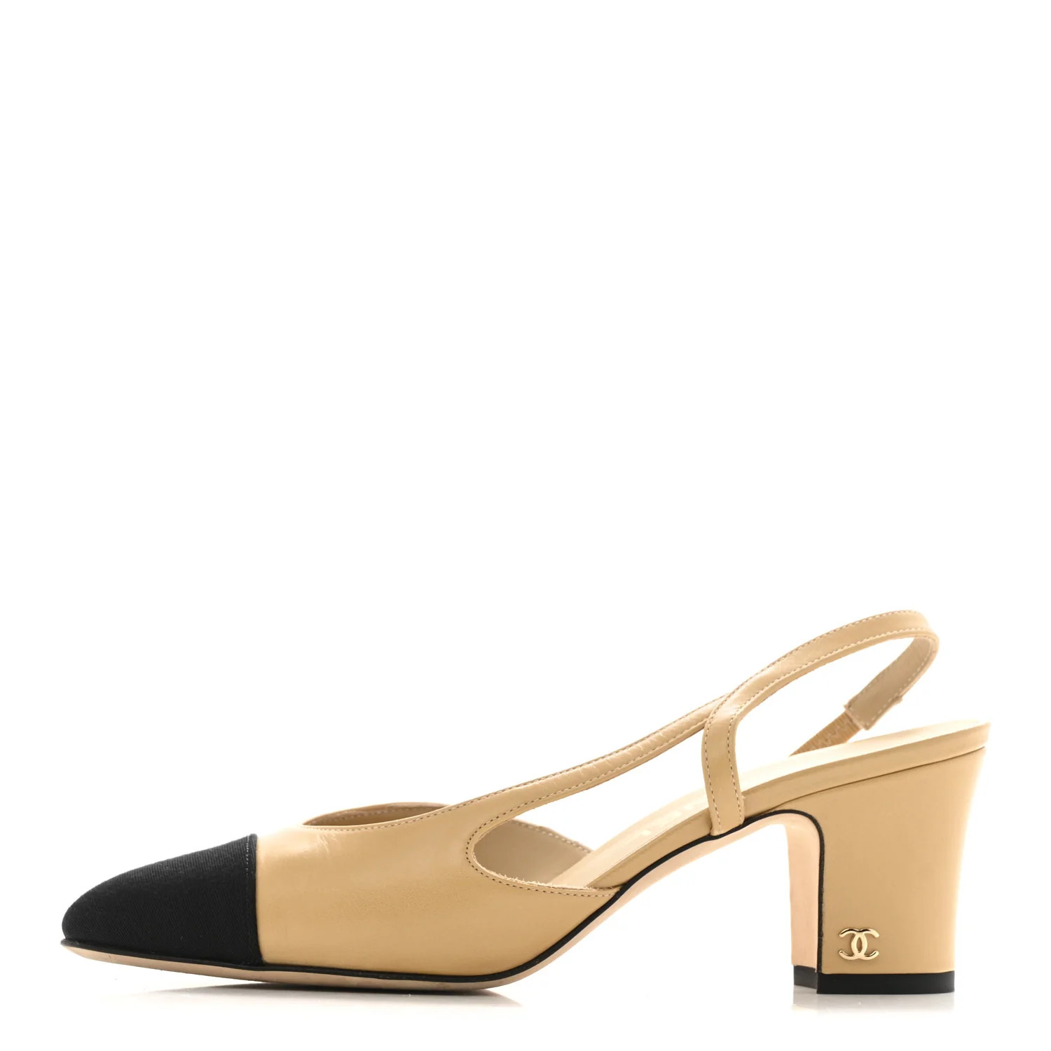 Goatskin Grosgrain Cap Toe CC Slingback Pumps 36.5 Beige Black | FASHIONPHILE (US)