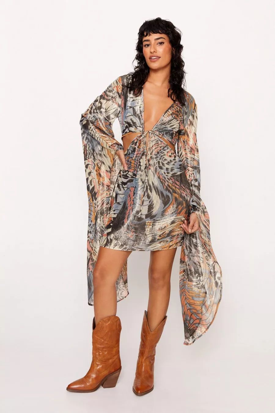 Animal Printed Metallic Georgette Flare Sleeve Mini Dress | Nasty Gal US