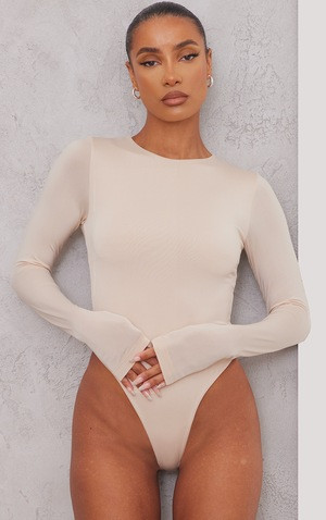 Basic Cream Slinky Long Sleeve Bodysuit | PrettyLittleThing US