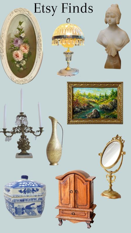 Etsy finds- vintage home decor, oil painting, frame, candelabra, jewelry chest, vanity mirror, trinket dish, ceramic, vase, busy, antique lamp 

#LTKsalealert #LTKstyletip #LTKhome
