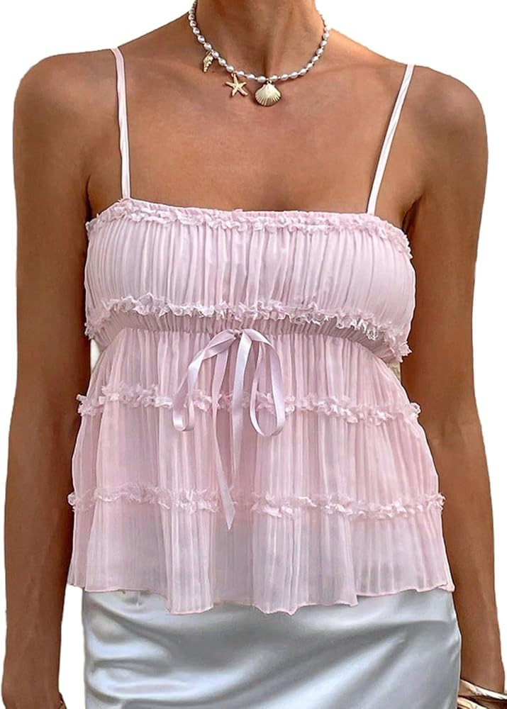 Milumia Women's Y2k Bow Frilled Peplum Cami Top Spaghetti Strap Ruffle Hem Crop Tops | Amazon (US)