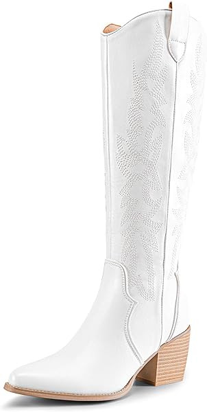 DREAM PAIRS Womens Cowboy Boots Wide Calf Comfortable Pull On Zipper Chunky Heel Pointed Toe Embr... | Amazon (US)