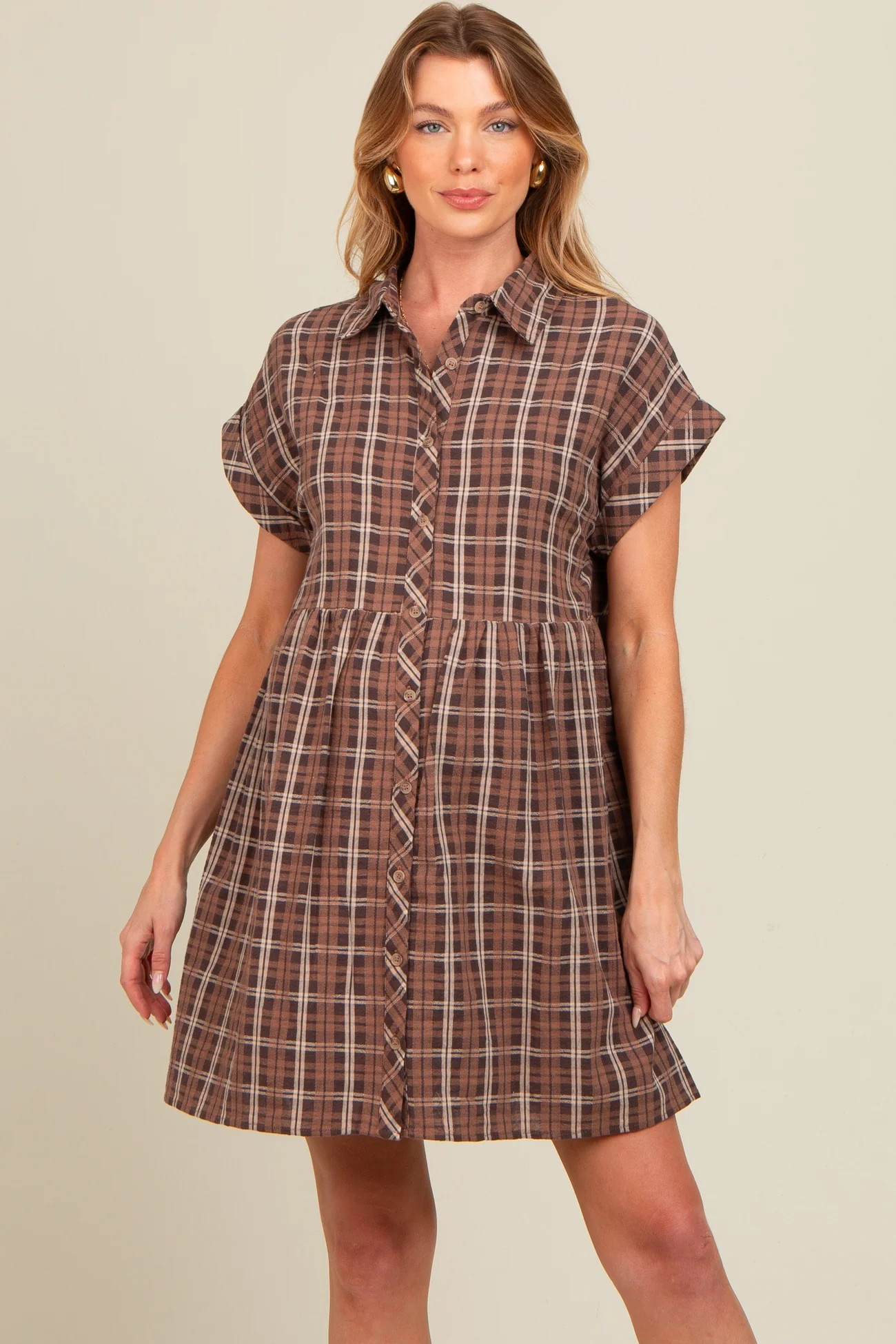 Mocha Plaid Rolled Cuff Sleeve Button Down Maternity Dress | PinkBlush Maternity
