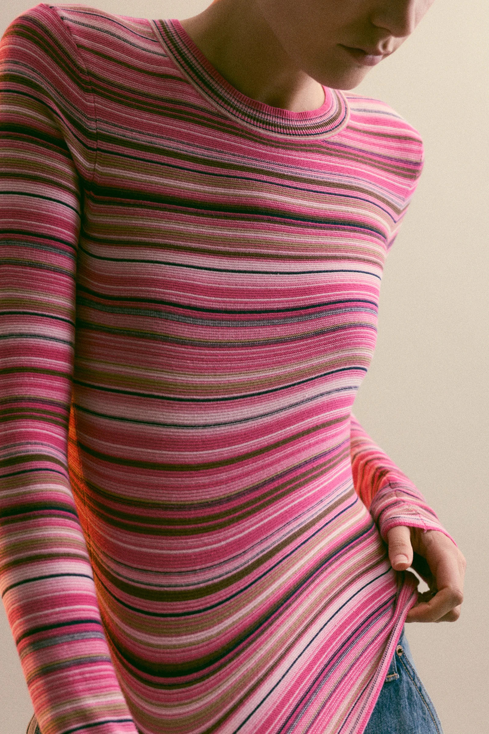 Madison Long Sleeve Crew Neck Sweater - Pink Brown Multi Stripe | Pistola Denim