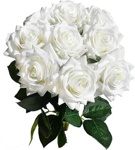 Mandy's Artificial Real-Touch 17" White Silk Roses Flowers for Home Decoration Bridal Wedding Bou... | Amazon (US)