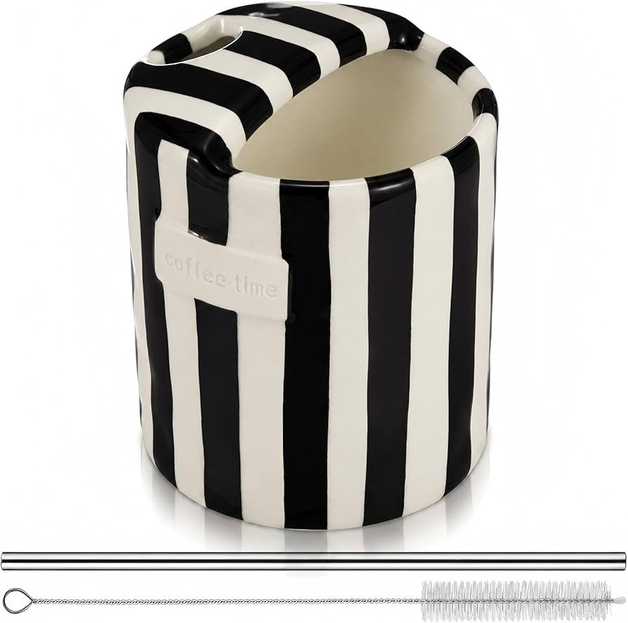 1 Pack Ceramic Coffee Mug with Sip Hole Espresso Cup 10oz with Straws Retro Hand Painted Striped ... | Amazon (US)