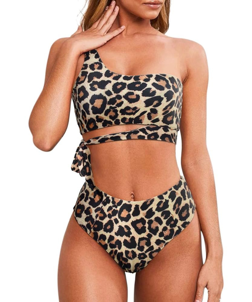 MOOSLOVER Women One Shoulder High Waisted Bikini Tie High Cut Two Piece Swimsuits | Amazon (US)