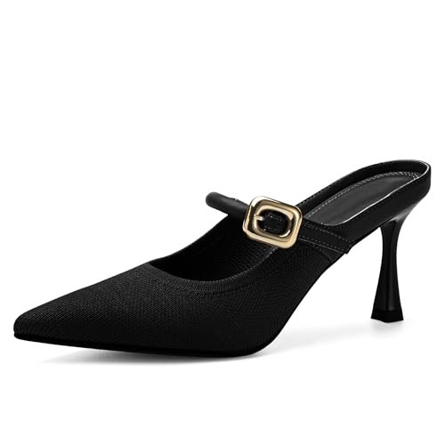 NEWBELLA Women's Knit Pointed Toe Heeled Mules - Stiletto Heel Slip-On Sandals for Casual & Dressy Outfits Black, Size 10 US Medium | Amazon (US)